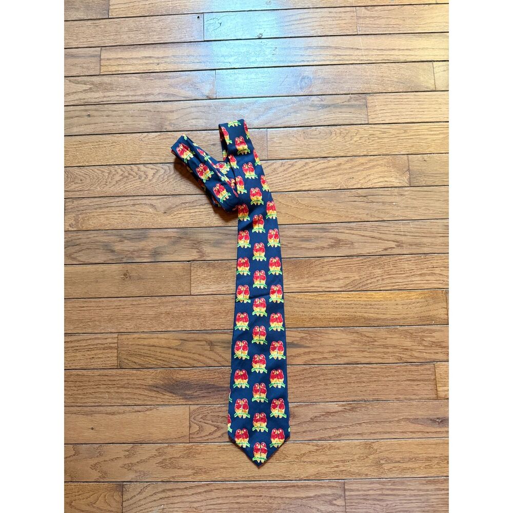 Vintage Lands End Navy Blue Tie Parrot Bird Print Tropical Preppy Trad 90s Retro